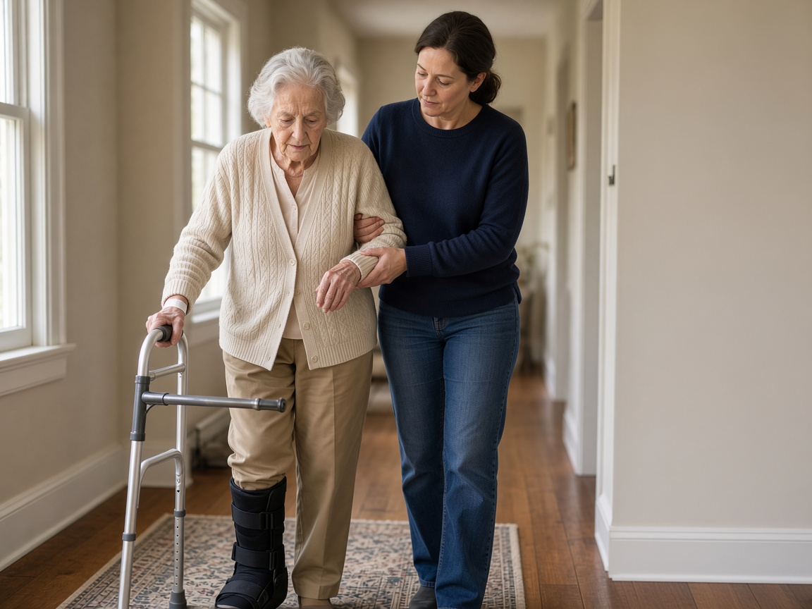 Caregiver supporting an older woman as she walks with a rolling walker down a bright home hallway