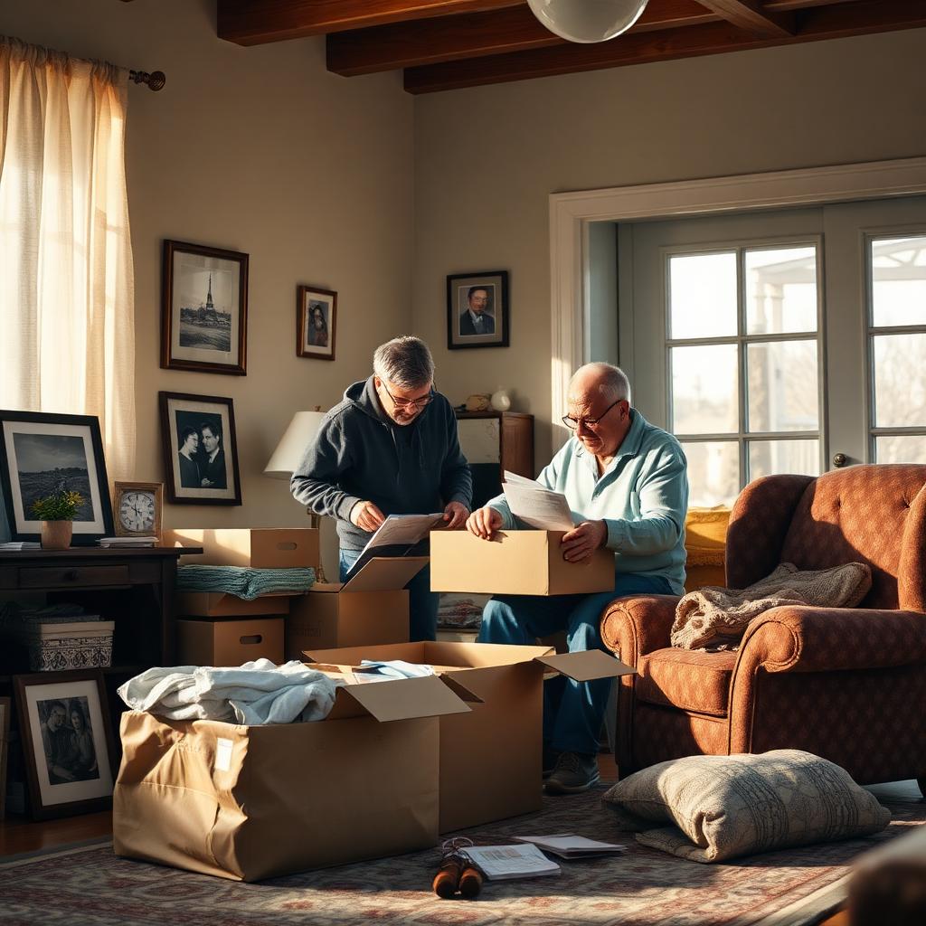Adult son helping his elderly father sort through belongings and packing boxes at home