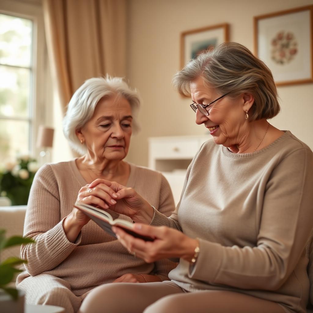 Adult daughter sitting with her elderly mother, looking at a photo album together