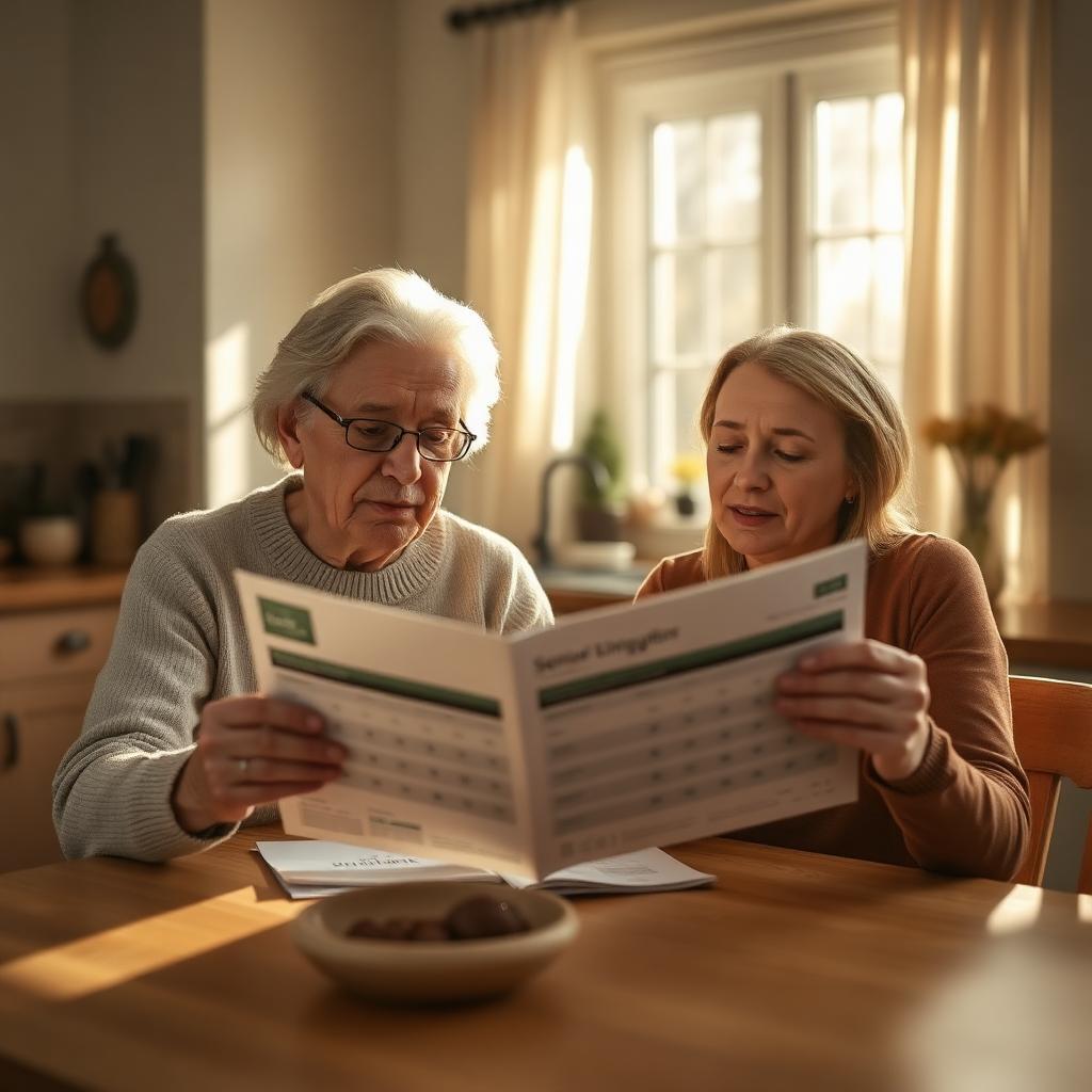 Father and adult daughter reviewing a senior living pricing brochure at a kitchen table